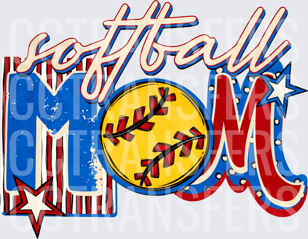 Softball Mom Red White Blue Stars Bold Lettering (DTF)