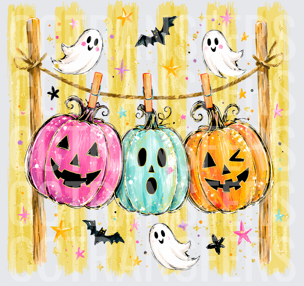 Colorful Jack-O-Lanterns on Rope with Ghosts and Bats (DTF)