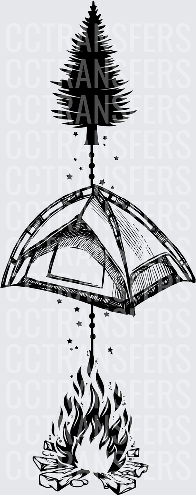 Black Ink Pine Tree Tent Campfire Stars Vertical (DTF)