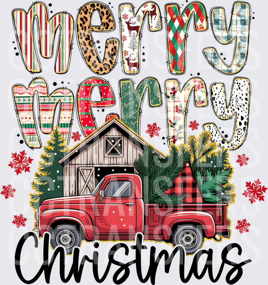 Merry Merry Christmas Red Truck Barn Patterned Letters (DTF)