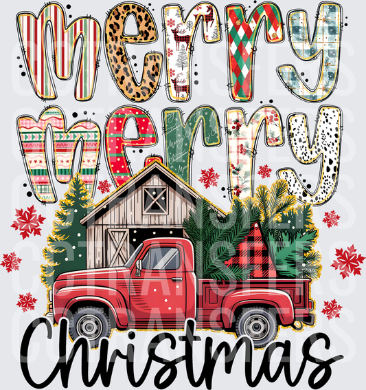 Merry Merry Christmas Red Truck Barn Patterned Letters (DTF)