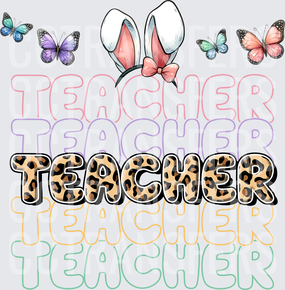 Easter Bunny Ears Teacher Stacked Leopard Print Butterflies (DTF)