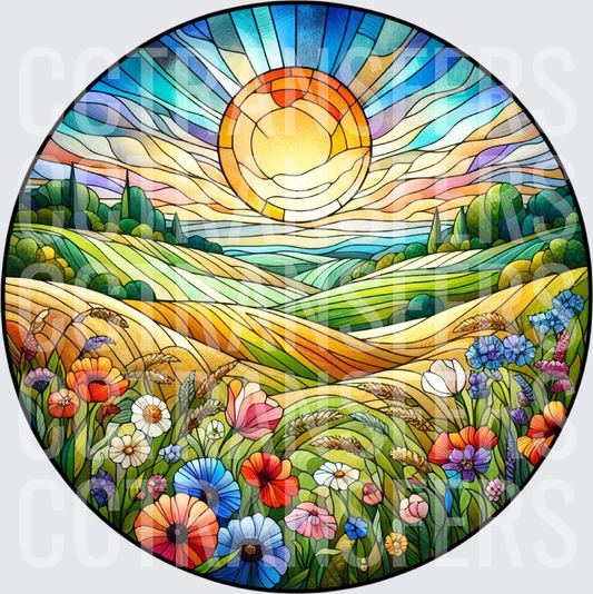 Stained Glass Round Wildflower Meadow Sunrise Landscape (DTF)