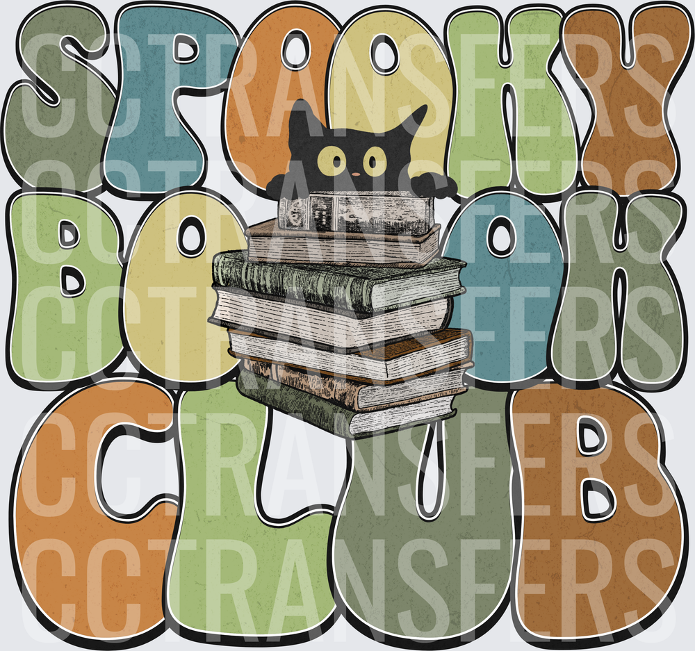 Spooky Book Club Black Cat Stacked Books Retro Groovy (DTF)