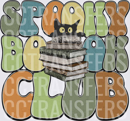 Spooky Book Club Black Cat Stacked Books Retro Groovy (DTF)