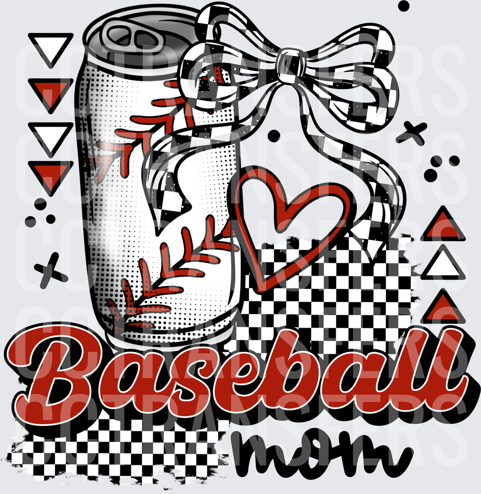 Baseball Mom Soda Can with Checkered Bow and Heart (DTF)