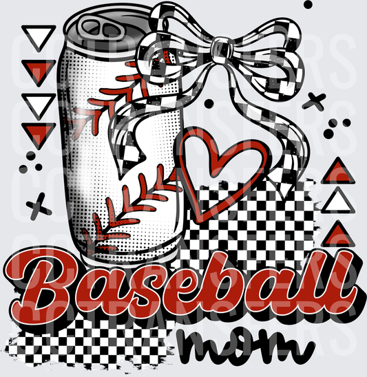 Baseball Mom Soda Can with Checkered Bow and Heart (DTF)