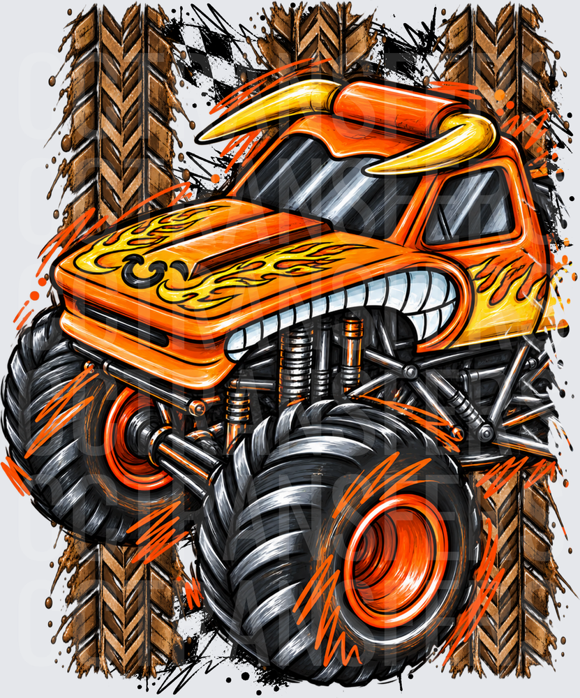 Orange Flame Monster Truck with Horns and Grunge (DTF)
