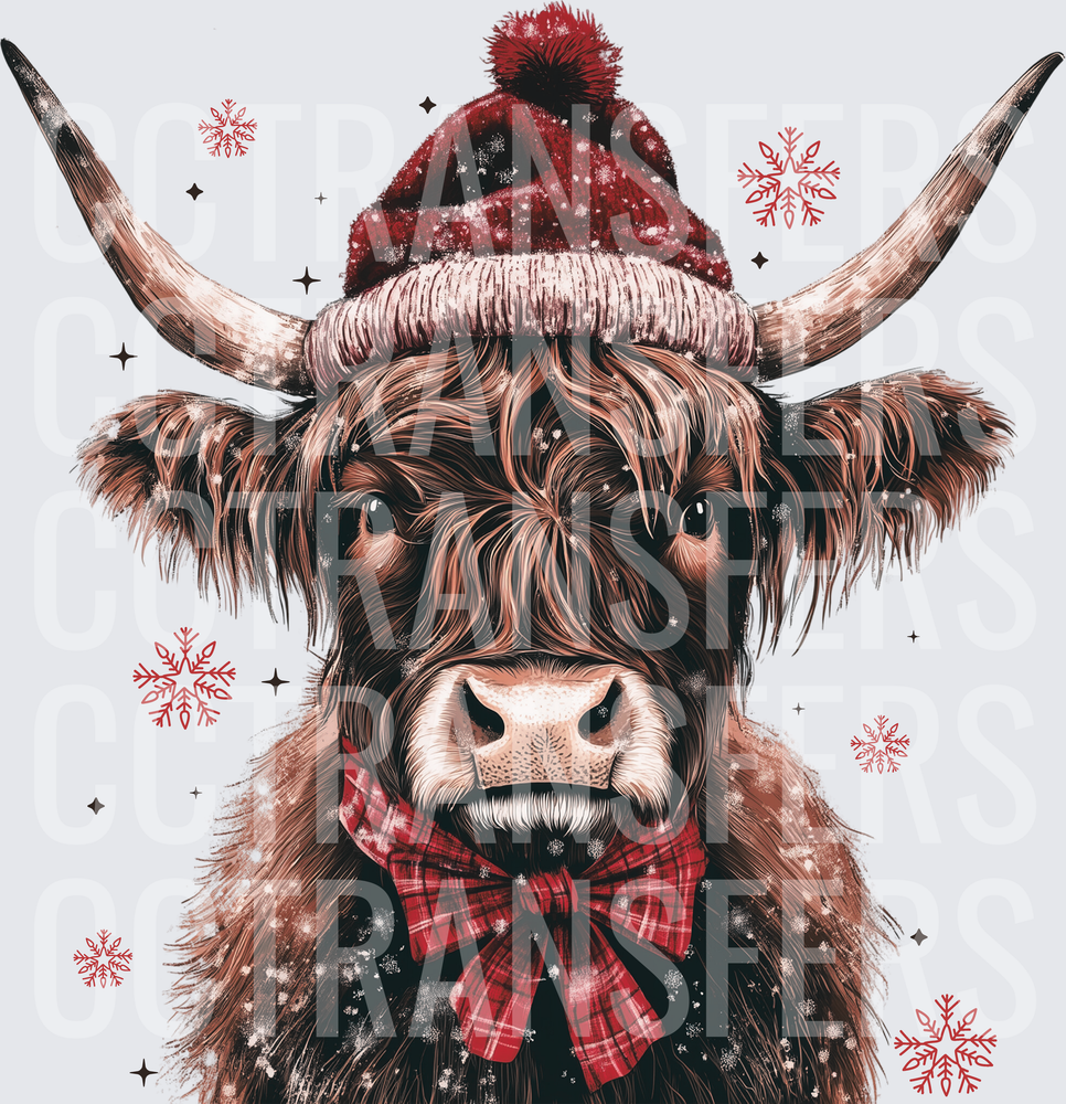 Christmas Highland Cow Red Plaid Bow Beanie Snowflakes (DTF)