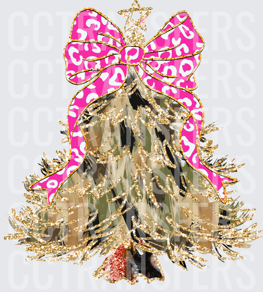 Glitter Gold Christmas Tree Pink Leopard Bow Star Topper (DTF)