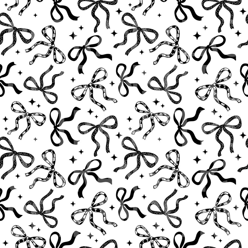 Black and White Scattered Ribbon Bows Sparkle Stars Pattern (DTF)