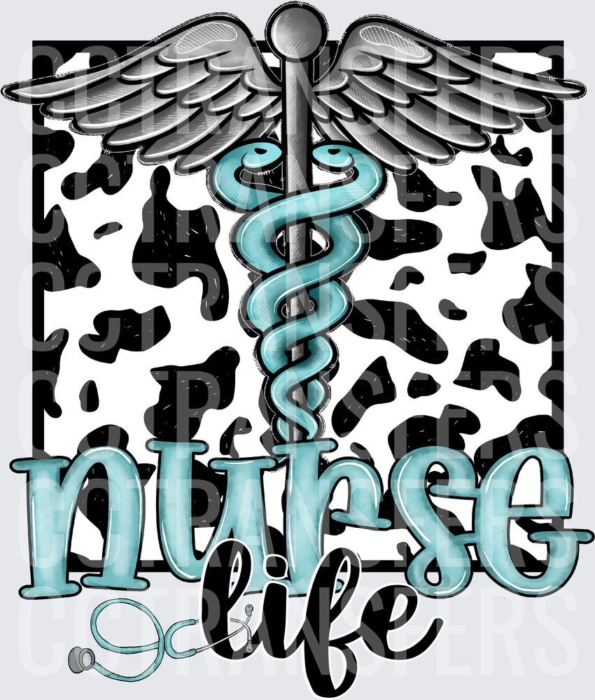 Nurse Life Caduceus Teal Cow Print Stethoscope (DTF)