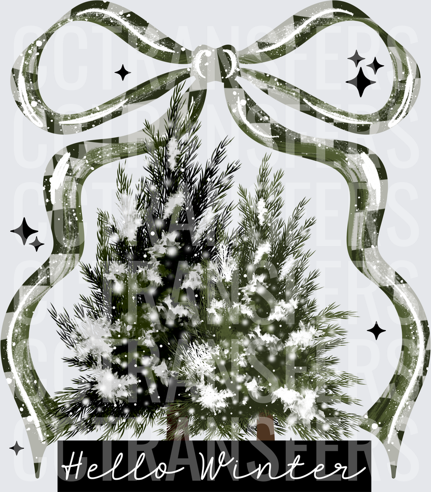 Hello Winter Snow-Covered Pine Trees Buffalo Plaid Bow (DTF)