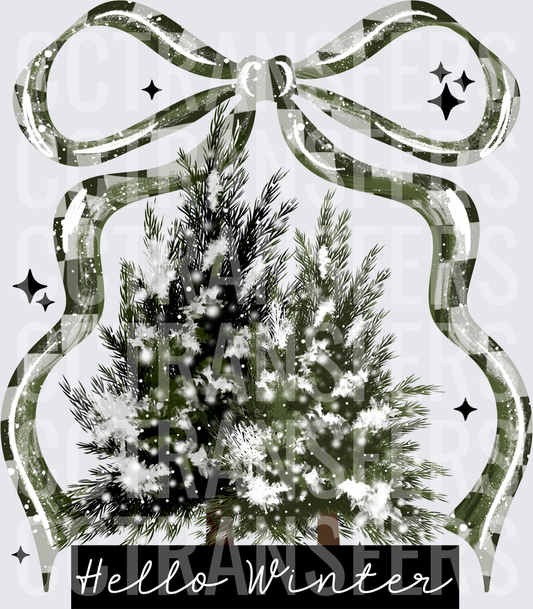 Hello Winter Snow-Covered Pine Trees Buffalo Plaid Bow (DTF)