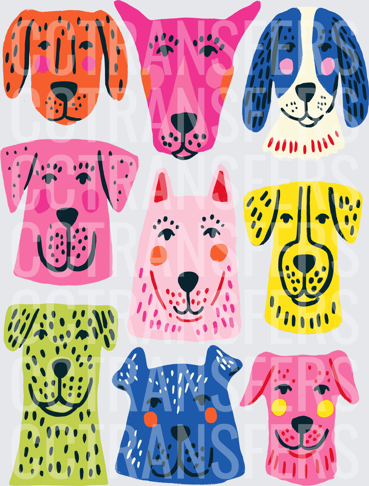Colorful Retro Illustrated Dog Faces Collection (DTF)