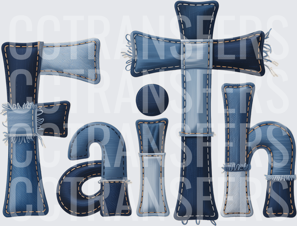 Faith Denim Patchwork Cross Letter Word Art (DTF)