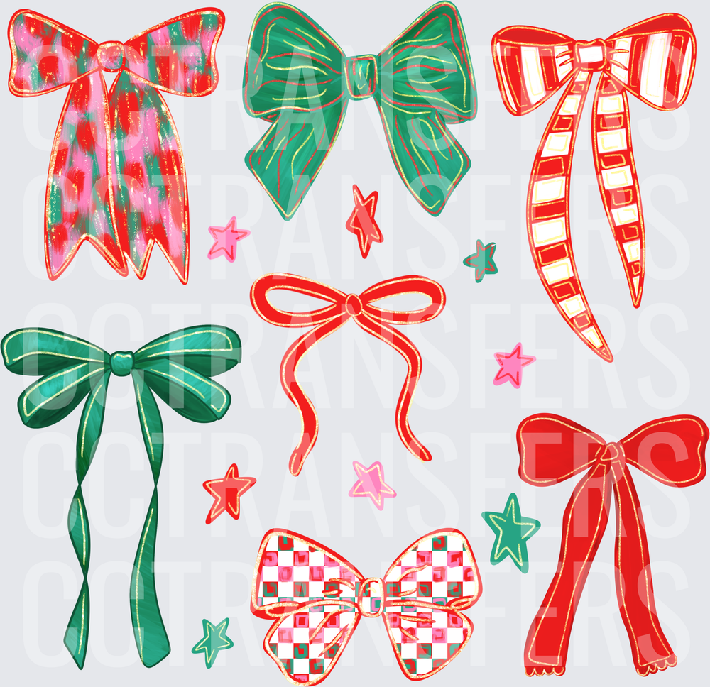 Christmas Bow Collection Red Green Stars Holiday (DTF)
