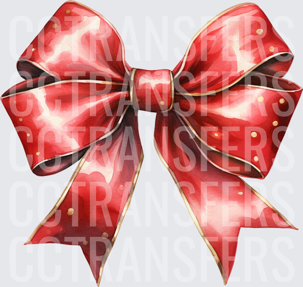 Watercolor Red Bow with Gold Dots and Trim (DTF)