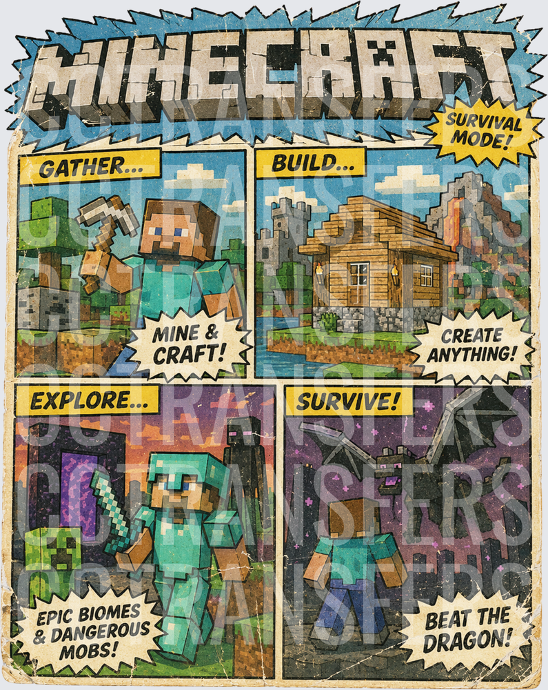 Retro Comic Style Pixel Game Gather Build Explore Survive DTF