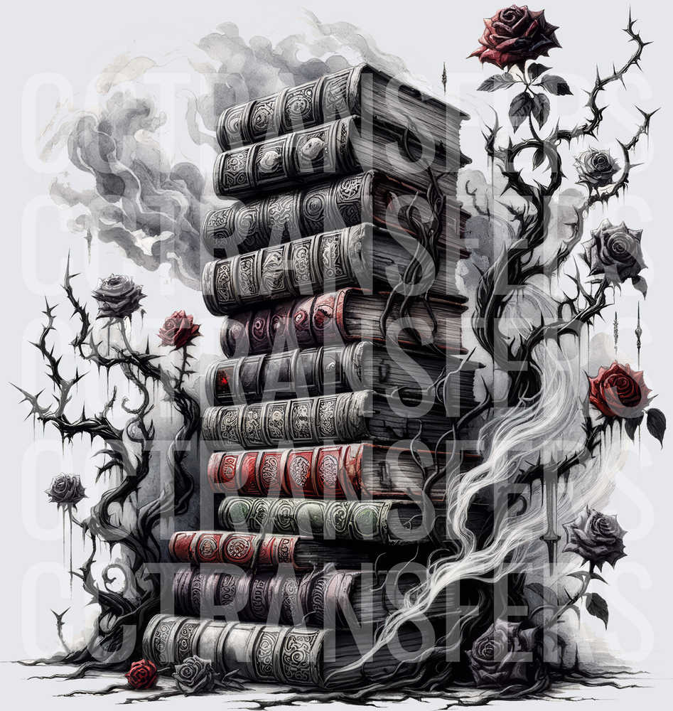 Gothic Stack of Ancient Books with Dark Roses and Thorns (DTF)