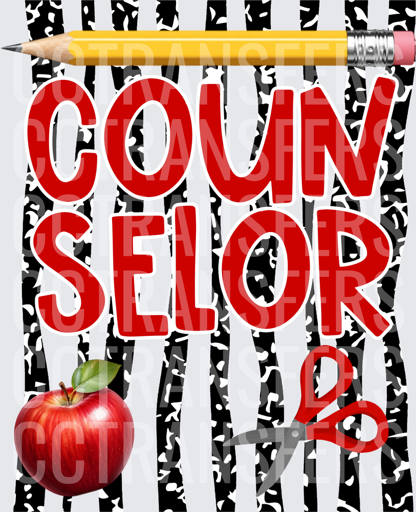 Counselor Bold Red Text Pencil Apple Scissors Stripe (DTF)