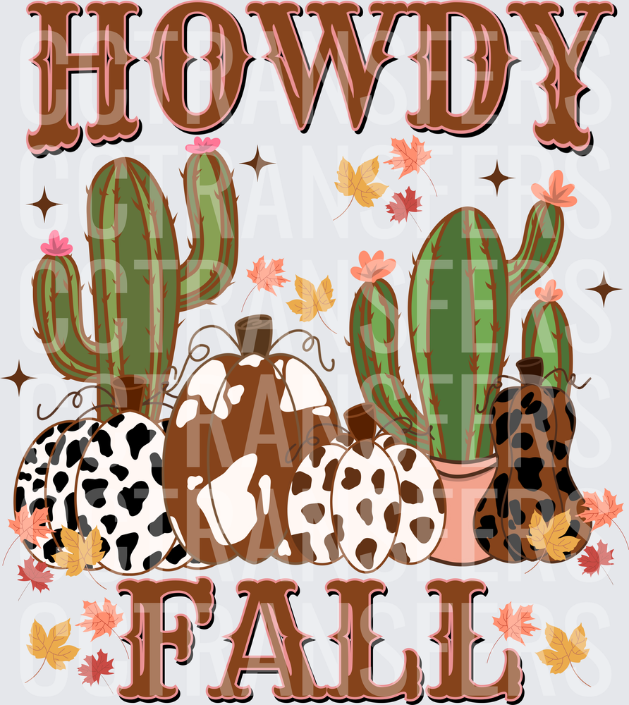 Howdy Fall Western Cactus Cow Print Pumpkins (DTF)