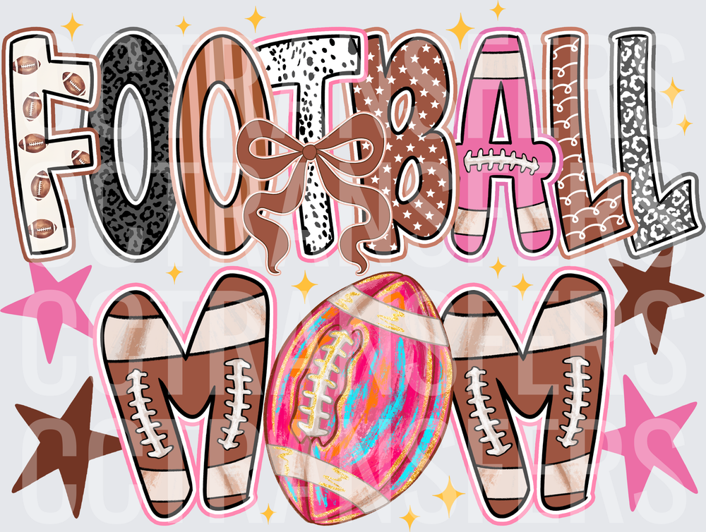 Football Mom Patterned Letters Bow Stars Sparkles (DTF)