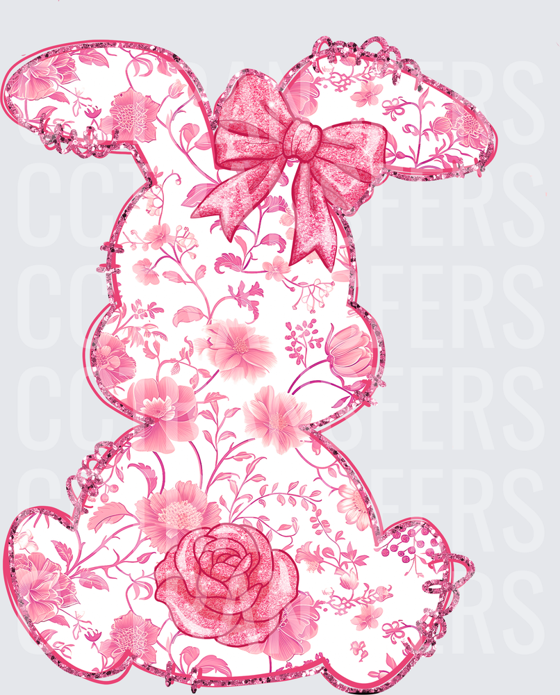 Pink Floral Glitter Easter Bunny with Bow and Rose (DTF)