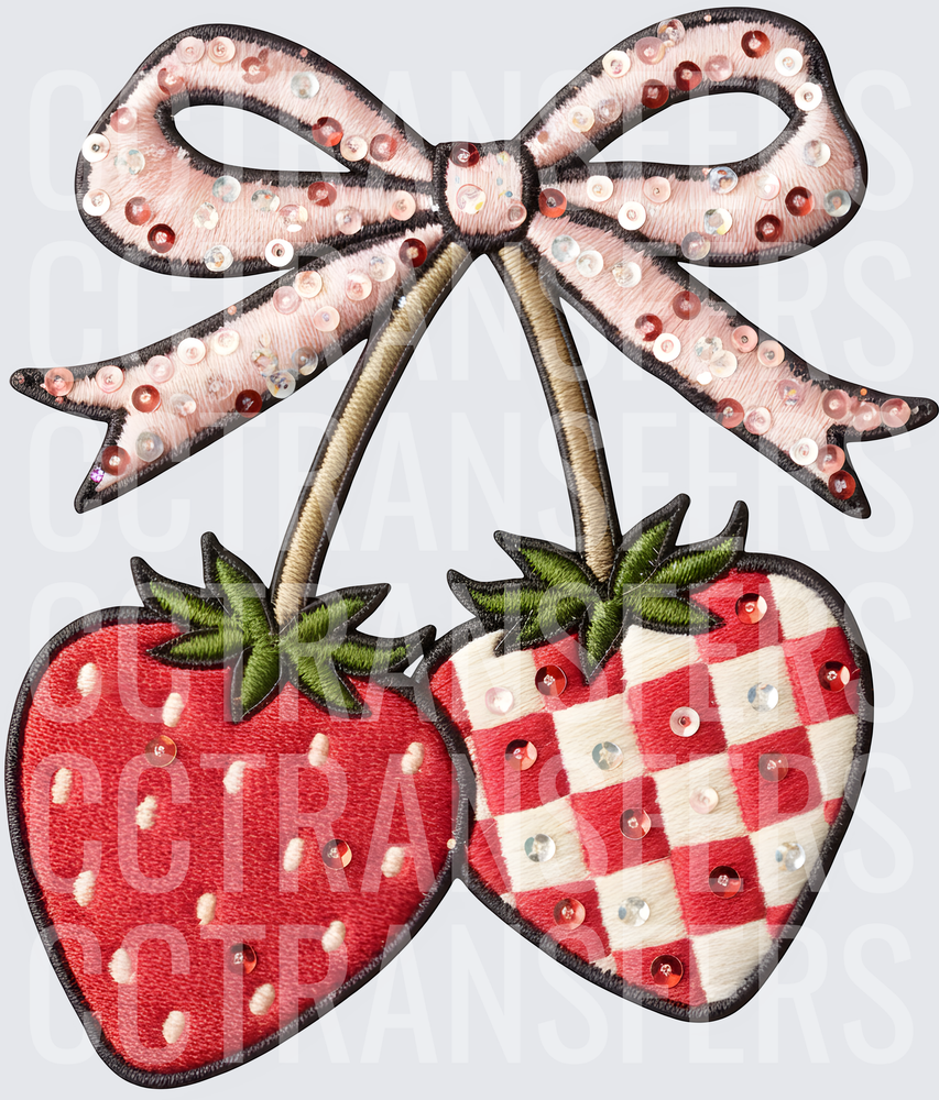 Sequin Embroidered Double Strawberry with Pink Bow (DTF)