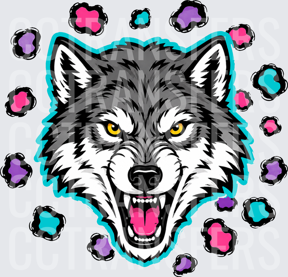 Fierce Gray Wolf Head with Colorful Paw Prints (DTF)