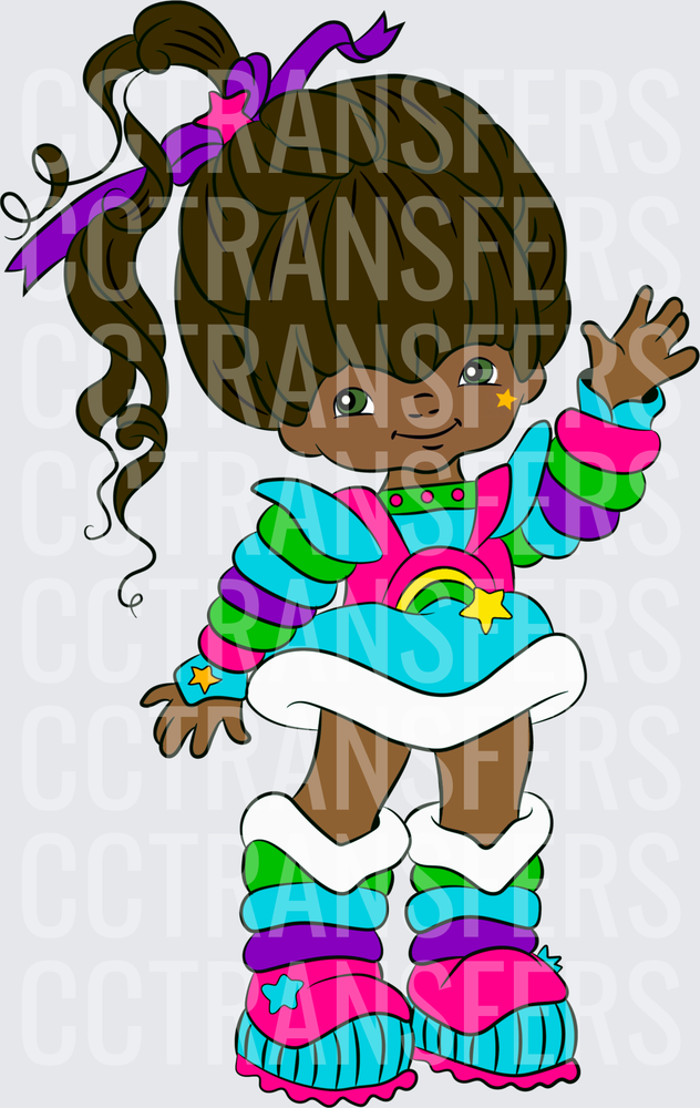 Retro Cartoon Girl Rainbow Star Colorful Outfit Waving (DTF)
