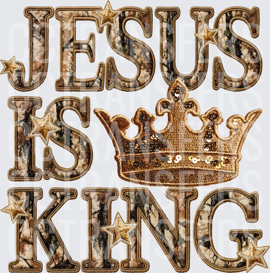 Jesus Is King Camo Applique Sequin Crown Stars (DTF)