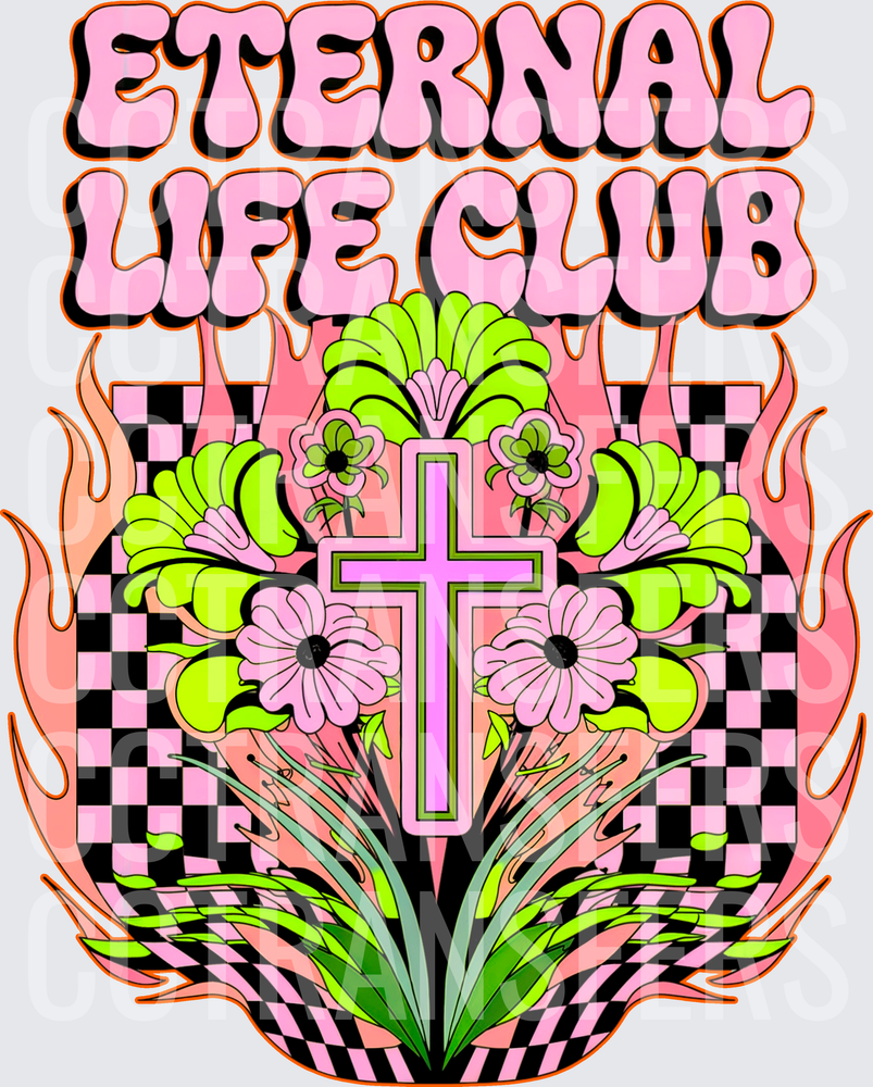 Eternal Life Club Cross Floral Checkered Flames (DTF)