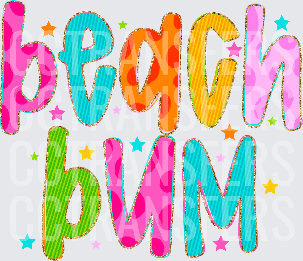 Beach Bum Colorful Patterned Bold Text with Stars (DTF)