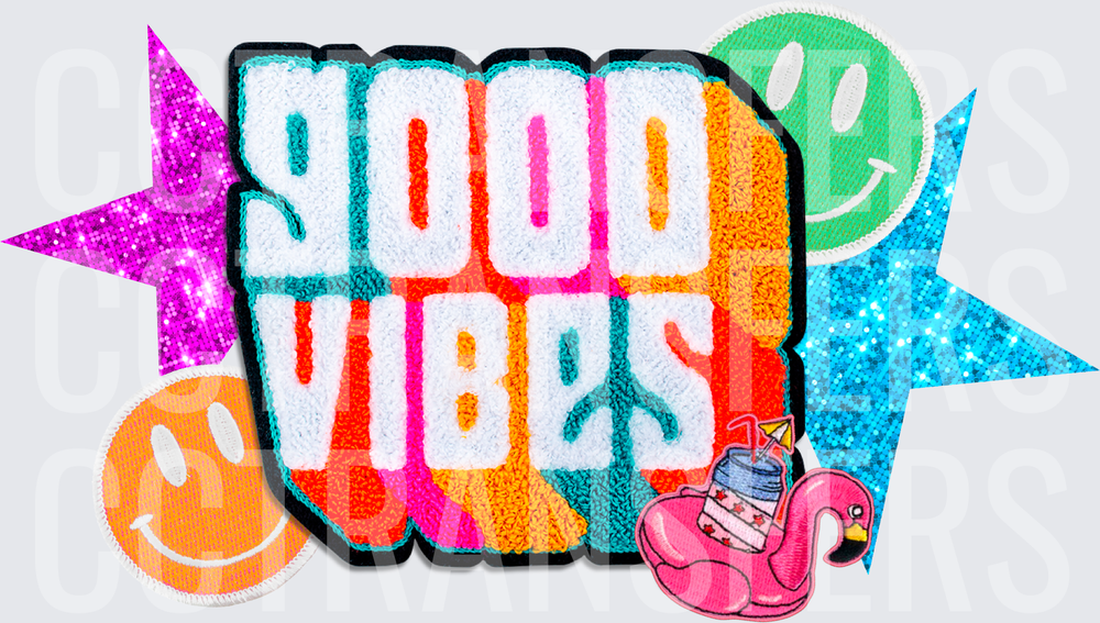 Good Vibes Retro Patch Smiley Face Glitter Stars Flamingo (DTF)