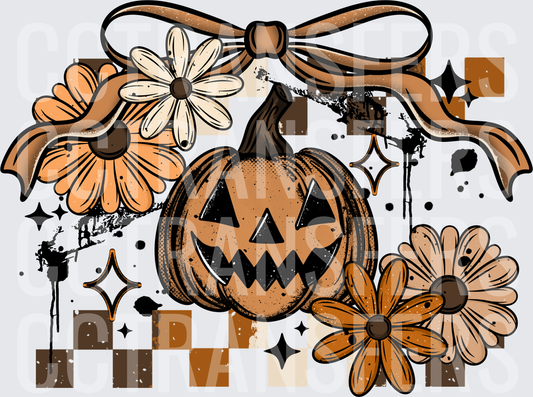 Vintage Halloween Jack-O-Lantern Bow Floral Grunge (DTF)