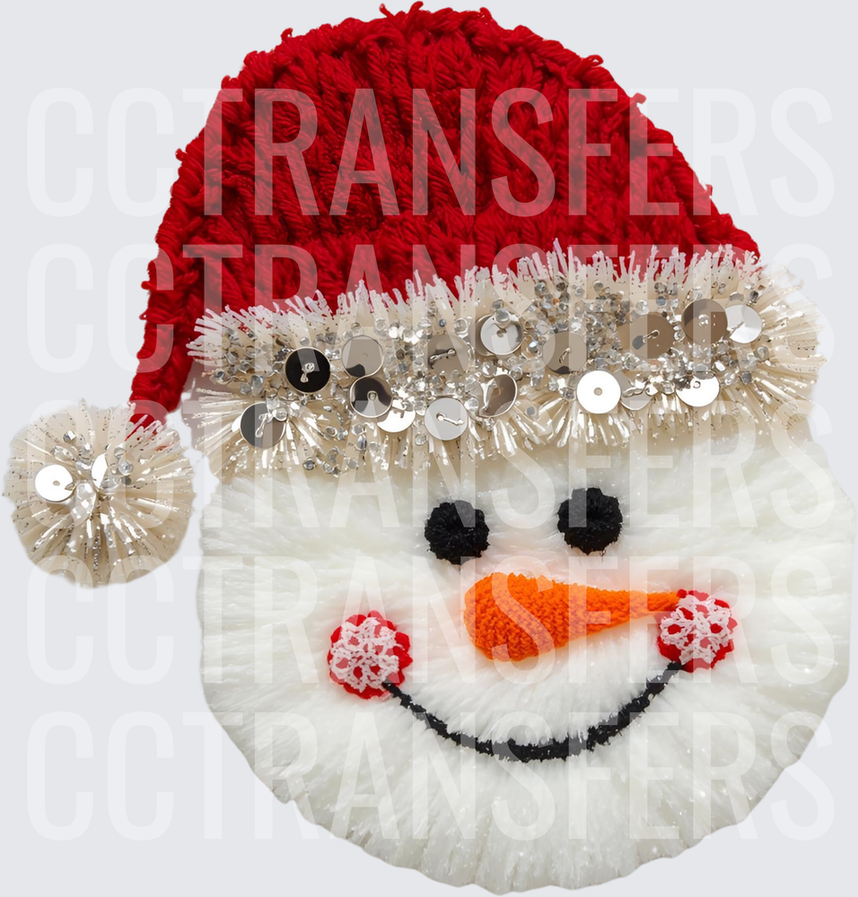 Fluffy Yarn Snowman Face Red Santa Hat Sequin Trim (DTF)