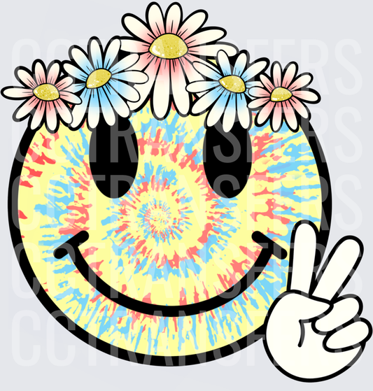 Tie-Dye Smiley Face Daisy Crown Peace Sign (DTF)