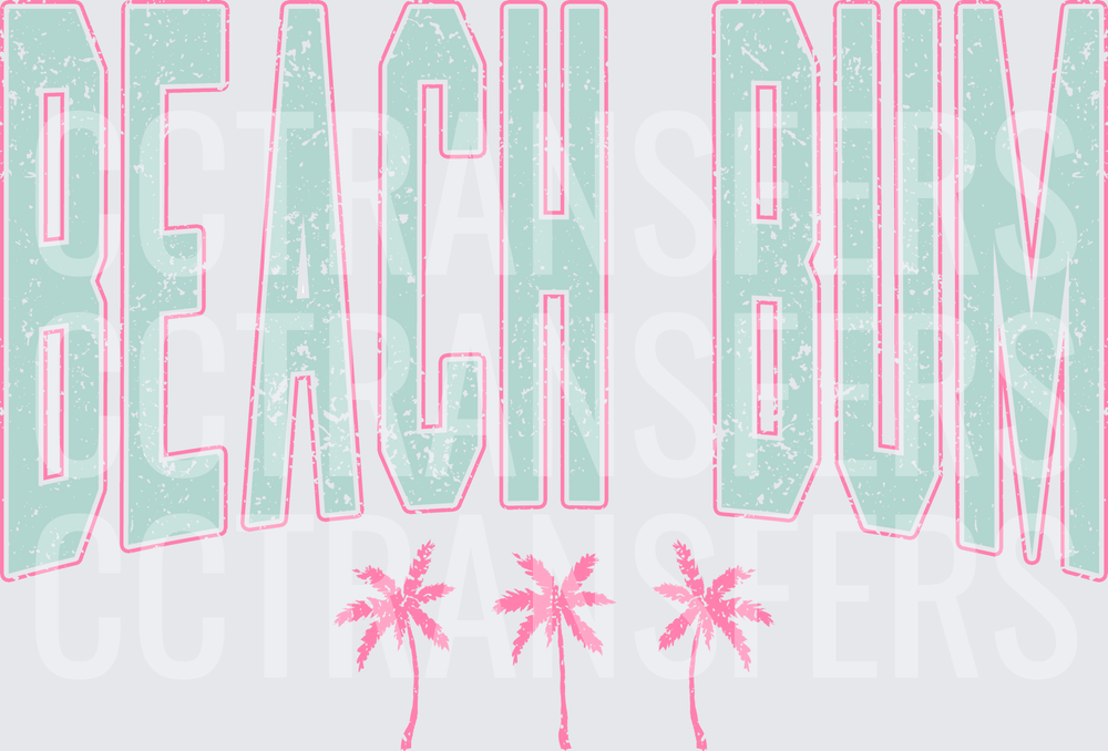 Beach Bum Distressed Varsity Text with Pink Palm Trees (DTF)