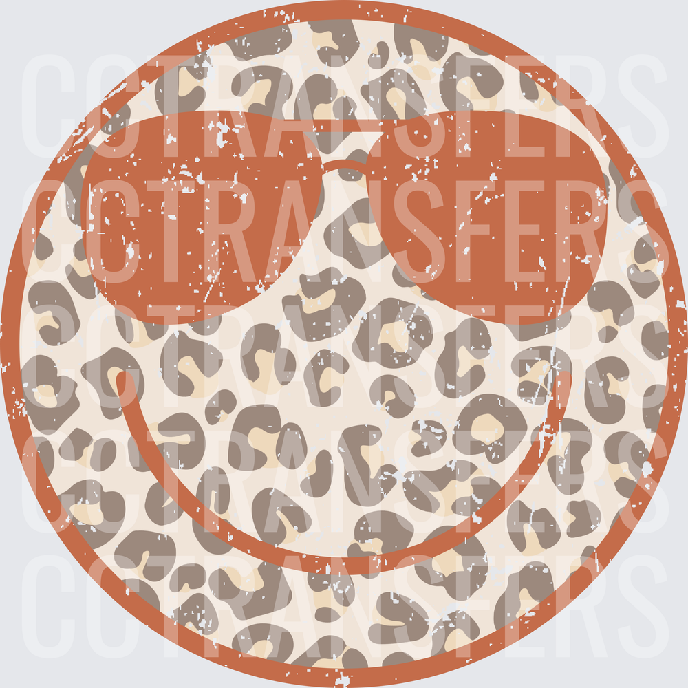 Distressed Leopard Print Smiley Face with Sunglasses (DTF)