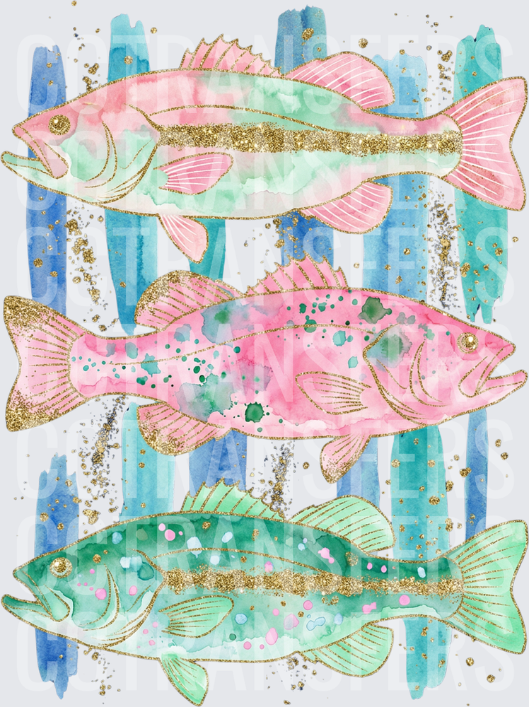 Watercolor Bass Fish Pink Mint Gold Glitter Trio (DTF)