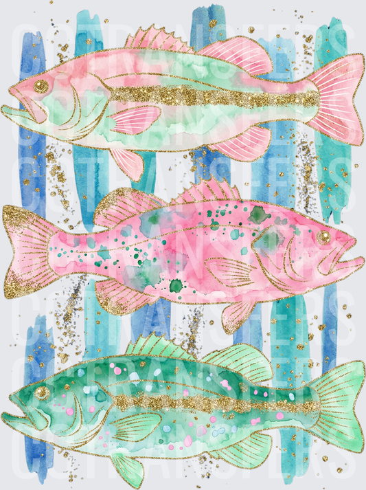 Watercolor Bass Fish Pink Mint Gold Glitter Trio (DTF)