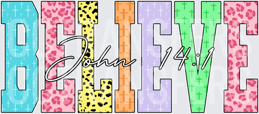 Colorful Patterned BELIEVE John 14:1 Block Letters (DTF)