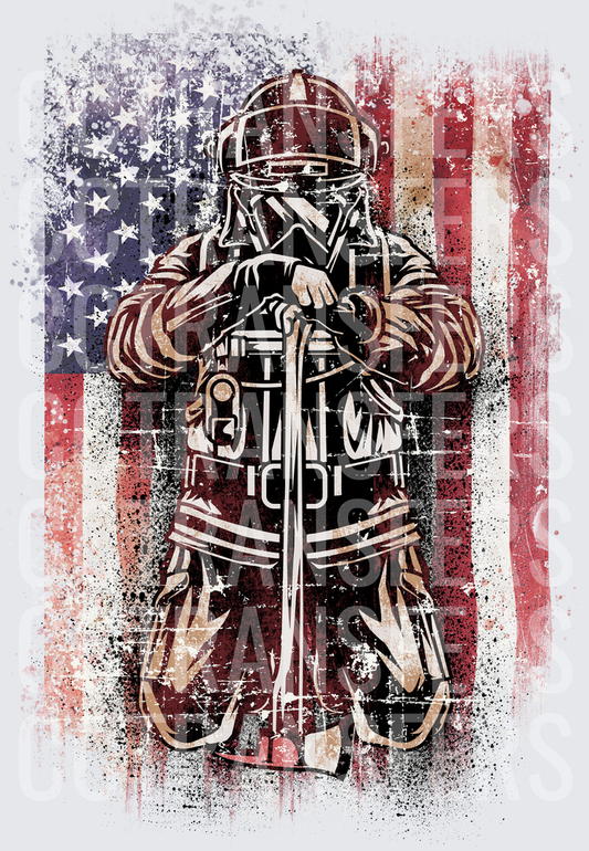 Grunge American Flag Firefighter Full Gear Kneeling (DTF)