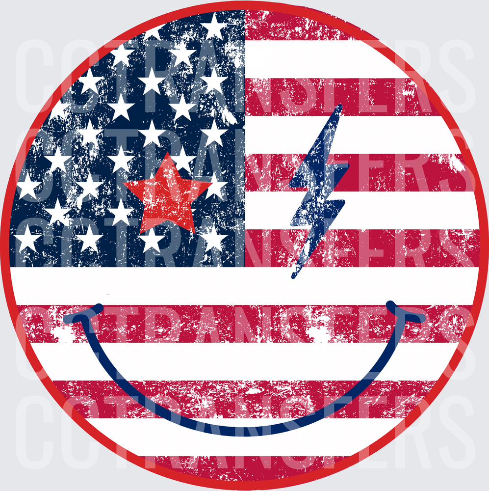 Distressed American Flag Smiley Face with Lightning Bolt (DTF)