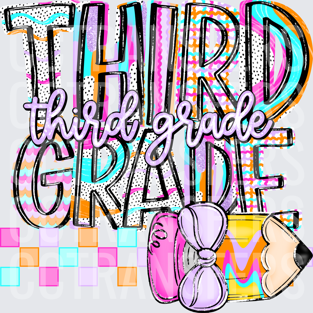 Third Grade Colorful Bold Typography with Pencil and Bow (DTF)