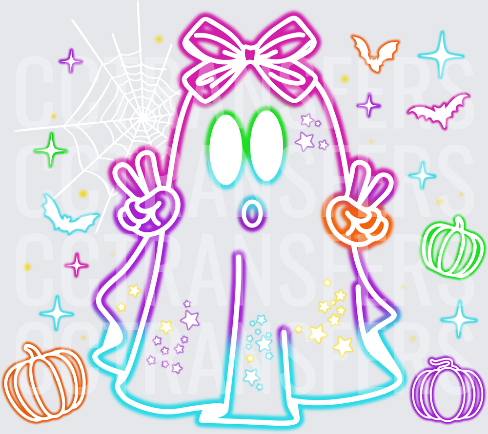 Neon Rainbow Bow Ghost Peace Signs Halloween (DTF)