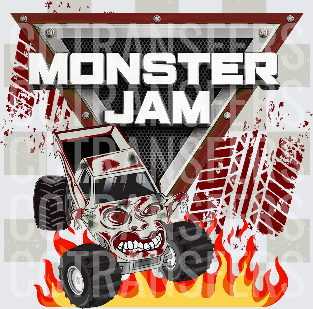 Monster Jam Zombie Monster Truck Flames Tire Tracks (DTF)