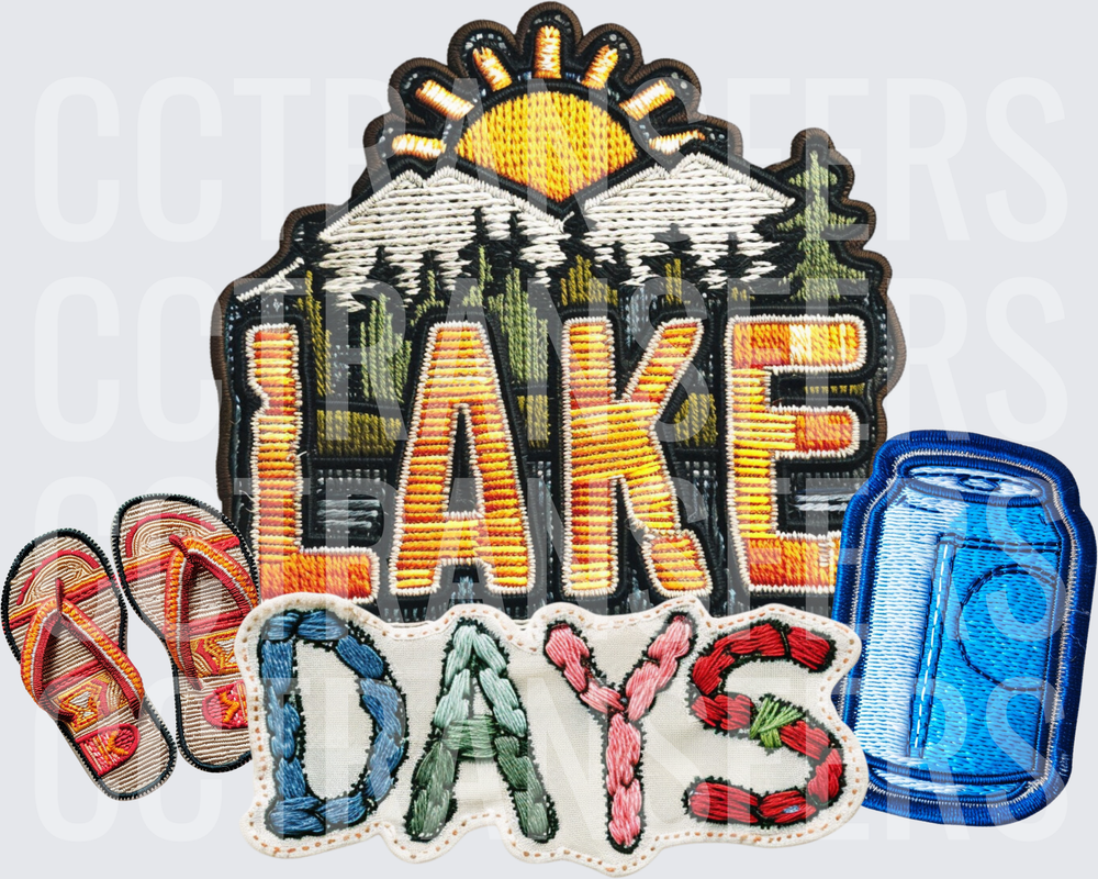 Lake Days Embroidered Patch Set Sun Mountains Flip Flops Can (DTF)