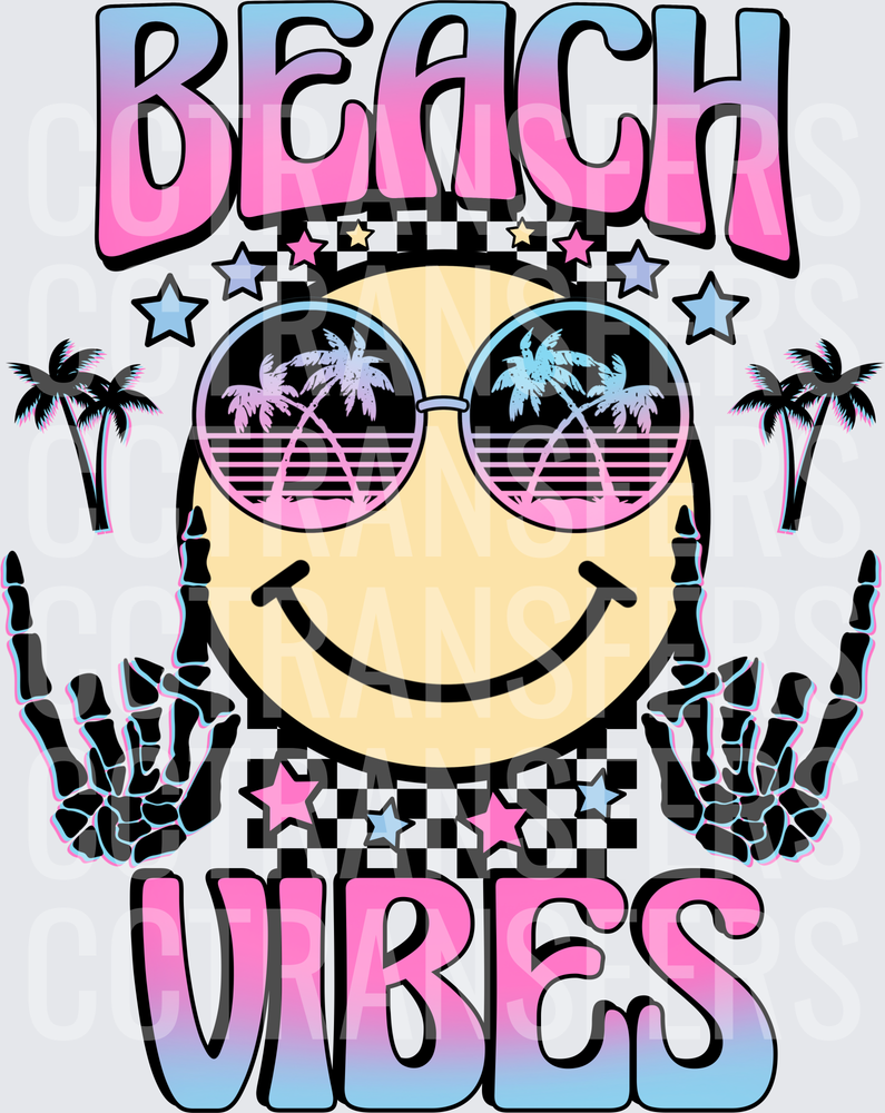 Beach Vibes Smiley Face Skeleton Hands Palm Trees (DTF)